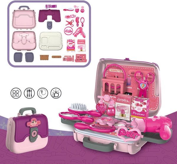 24 Pcs Girls Beauty Salon Toy Set – Pretend Makeup Kit with Hairdryer, Comb & Cosmetic Bag Educational Dress-Up Toys for Toddlers