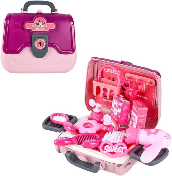 24 Pcs Girls Beauty Salon Toy Set – Pretend Makeup Kit with Hairdryer, Comb & Cosmetic Bag Educational Dress-Up Toys for Toddlers