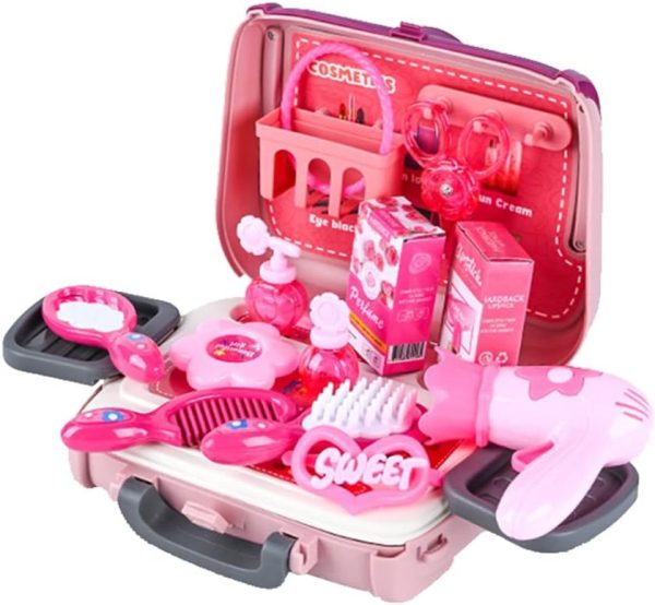 24 Pcs Girls Beauty Salon Toy Set – Pretend Makeup Kit with Hairdryer, Comb & Cosmetic Bag Educational Dress-Up Toys for Toddlers