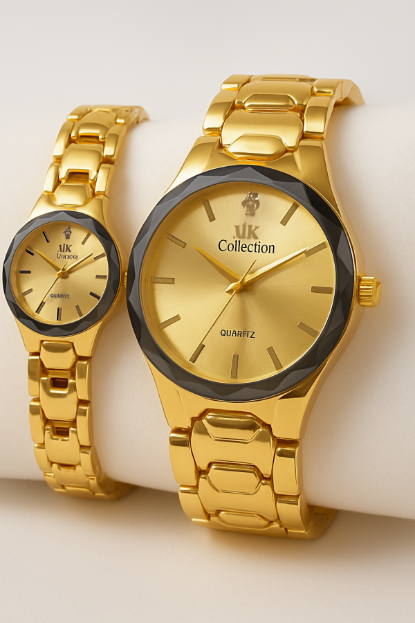 Gold Couple Watch Set – Elegant Luxury Quartz Watches for Him & Her Polished Bracelet Design