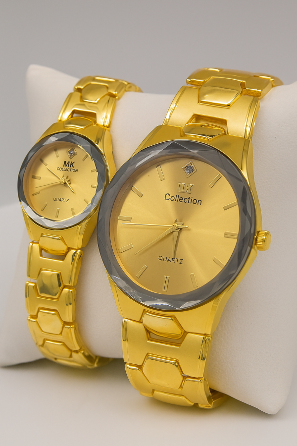 Gold Couple Watch Set – Elegant Luxury Quartz Watches for Him & Her Polished Bracelet Design