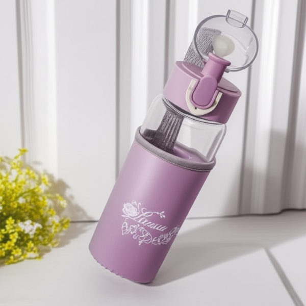 Rosa Flowery Glass Water Bottle – 300ml Leak-Proof Bottle with Protective Sleeve & Flip-Top Cap Stylish & Eco-Friendly Hydration