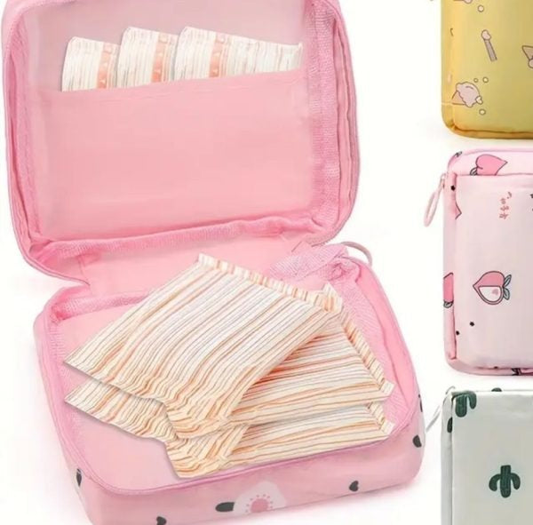 Women Portable Pouch 👜 Napkin & Cosmetic Organizer 💄 | Sanitary Pad Storage Bag 🌸 | Makeup & Hygiene Bag for Girls (Random Design & Color)