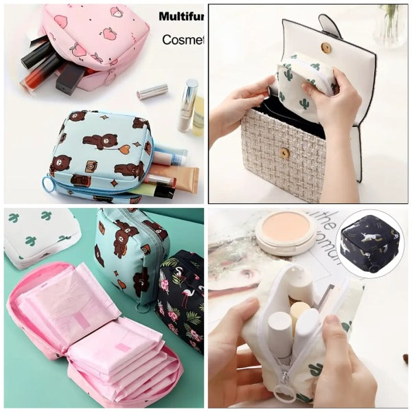 Women Portable Pouch 👜 Napkin & Cosmetic Organizer 💄 | Sanitary Pad Storage Bag 🌸 | Makeup & Hygiene Bag for Girls (Random Design & Color)