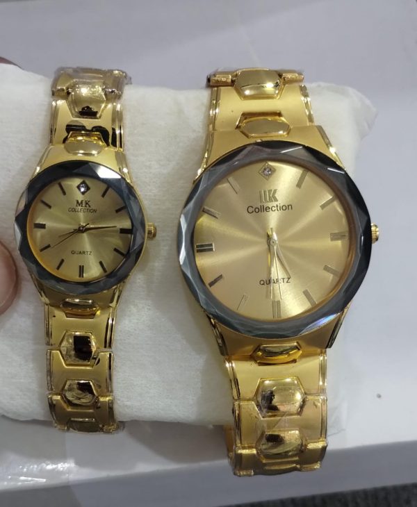 Gold Couple Watch Set – Elegant Luxury Quartz Watches for Him & Her  Polished Bracelet Design