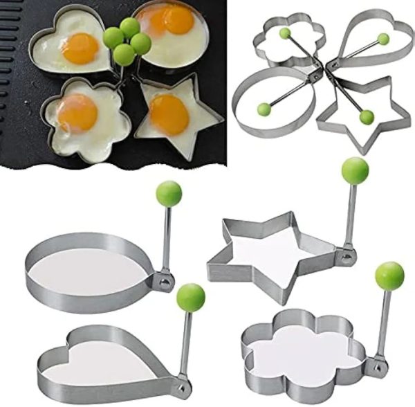 Pack of 4 Stainless Steel Fried Egg & Pancake Moulds – Star, Heart, Round & Flower Shapes (Kitchen Tools, Random Color)