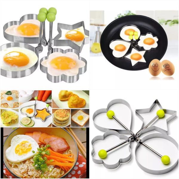 Pack of 4 Stainless Steel Fried Egg & Pancake Moulds – Star, Heart, Round & Flower Shapes (Kitchen Tools, Random Color)