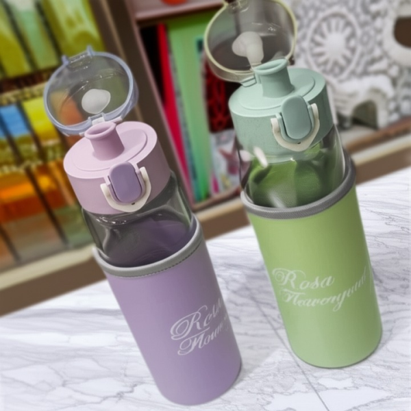 Rosa Flowery Glass Water Bottle – 300ml Leak-Proof Bottle with Protective Sleeve & Flip-Top Cap  Stylish & Eco-Friendly Hydration